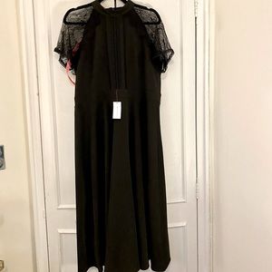 NWT Black Mixed Media Midi Dress with lace sleeves, women’s size 12